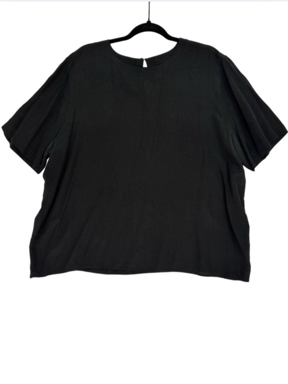 100% Silk Black Blouse 2X Short Sleeve Minimalist Capsule Top Plus Size